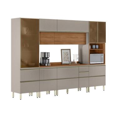 Imagem de Armário de Cozinha Compacta com 3 Vidros Reflecta Proença 9 Portas 11 Gavetas Nude e Nogueira