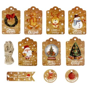 Imagem de 60 etiquetas de presente de papel kraft de Natal com cordão, etiquetas vintage para pendurar de Natal para decorações faça você mesmo, embrulho de presente de Natal, kits de etiquetas de presente de