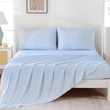 Imagem de MCO Conjunto de lençóis listrados de 4 peças, conjunto de lençol King respirável com bolso profundo de 41 cm, moderno e luxuoso, conjunto de cama de microfibra escovada (king, azul simples)