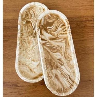 Imagem de Bandeja Decorativa Artesanal em Concreto Celular - Formato Oval, Multiuso para Mesa/Banheiro/Cozinha (Antimanchas e Resistente à Umidade)(Band. Mármore Caramelo -24 CM)