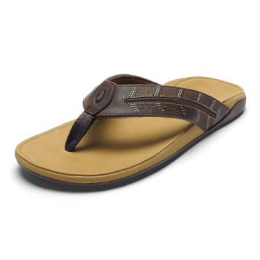 Imagem de OLUKAI Sandálias masculinas de couro impermeáveis Tuahine Palm, chinelos para uso o dia todo, materiais e design premium, suporte de arco e ajuste confortável, Dk Java/Areia dourada, 46