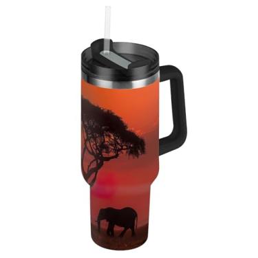 Imagem de Blueangle Copo para família de elefante de 1,134 g com alça e tampa de palha, caneca de viagem de aço inoxidável isolada a vácuo de parede dupla, garrafa de água reutilizável para academia de