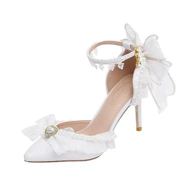 Imagem de STARSHINE RESPLENDENT Salto feminino de bico fino com tira no tornozelo, detalhe de laço de renda preta, salto gatinho, Salto branco de 9 cm, 37