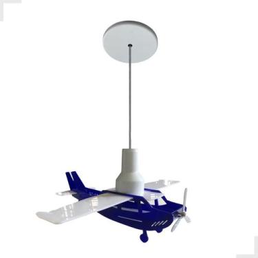 Imagem de Luminária Pendente Infantil Avião Azul Quarto Menino Bebê Decoração Cé
