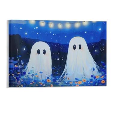 Imagem de HouLaiZhe Pôster de Halloween com estampa de arte de parede em tela de noite estrelada de fantasma fofo decoração de parede gótica para sala de estar quarto 11 x 17 polegadas (28 x 43 cm)