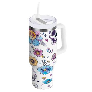 Imagem de Kigai Copo de caveira fofo de 1,134 g com tampa e canudo, copo isolado de aço inoxidável durável à prova de vazamento com alça, garrafas de água à prova de derramamento para viagens