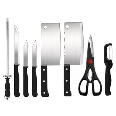 Imagem de Conjunto de Facas de Cozinha com Afiador, 8 Peças em Aço Inoxidável, Inclui Cutelo, Tesoura e Descascador, Cabo Preto