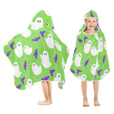 Imagem de Burbuja Boo Bats on Green Toalha de banho com capuz para crianças, toalha de praia de pelúcia macia absorvente para meninas e meninos 3-10 anos, 61 x 127 cm