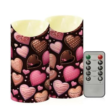 Imagem de Wassud Pacote com 2 velas sem chama com padrão de coração de chocolate com controle remoto, velas realistas cintilantes com temporizador, velas decorativas para Natal, casamento, festa, decoração de