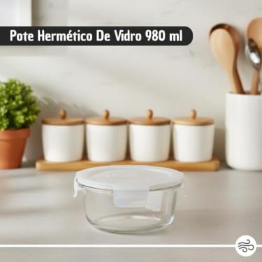 Imagem de Pote Hermético de Vidro 980 ml com Tampa de Travas e Vedação Hermética, Vai ao Freezer e Micro-ondas, Vidro Resistente, Ideal Para Marmitas, Conservação e Organização da Cozinha