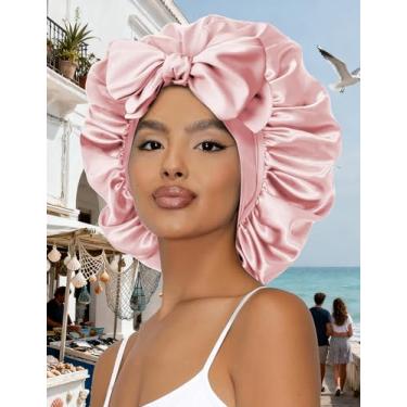 Imagem de Touca feminina de seda para dormir com faixa ajustável para cabelo encaracolado natural rosa