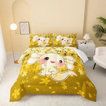Imagem de QOOMO Jogo de cama solteiro com desenho animado de animais, axolote kawaii, para decoração de quarto, amarelo, macio, leve para todas as estações, 1 edredom e 2 fronhas