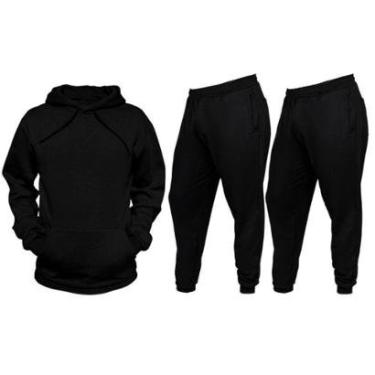 Imagem de Conjunto De Moletom Blusa de Frio Abrigo Canguru Com Capuz Colorida e 2 Calças Lisas Preta-Masculino