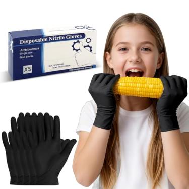 Imagem de Cljlixcy Luvas de nitrilo descartáveis para crianças de 4 a 10 anos, adequadas para jardinagem, culinária, pintura, látex e sem pó - 100 peças (preto)