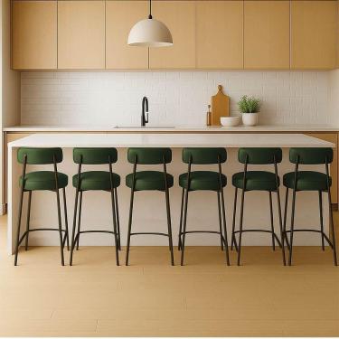 Imagem de Banqueta Cozinha Alta Com Encosto Industrial Dourado Kit 6 Londres Pu D03 - D`rossi Verde