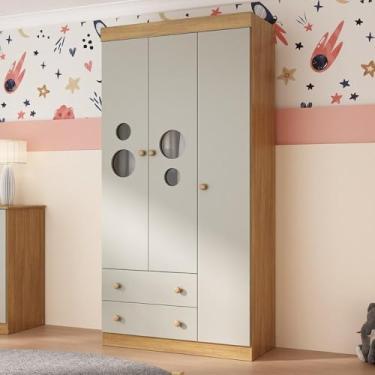 Imagem de Guarda-roupa Infantil 92cm com Vidro 3 Portas e 2 Gavetas Pirulito Multimóveis Mp4467 Madeirado/off White
