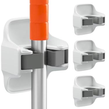 Imagem de Pacote com 3 suportes de vassoura, fixadores de parede, sem perfuração, autoadesivos, antiderrapante, cabide, pá e vassoura, organizador de garagem, prateleiras de armazenamento - branco