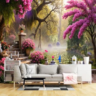 Imagem de Murais de parede de tamanho personalizado, jardim iluminado pelo sol, escada de pedra de lírio, tecido de parede autoadesivo (sem PVC) Papel de parede grande removível para sala de estar, quarto