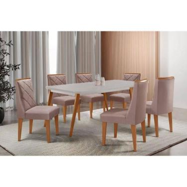 Imagem de Sala Jantar Mesa Havana Tampo c/ Vidro Curvo 180cm+6 Cadeiras Pietá Madeira Naturale/Off White - Capuccino/Linho Capuccino - Rufato