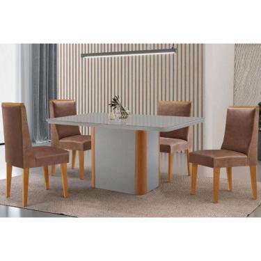 Imagem de Sala Jantar Mesa Pietá Tampo c/ Vidro Curvo 120cm+4 Cadeiras Dakota Madeira Naturale/Off White - Capuccino/Corano Capuccino - Rufato