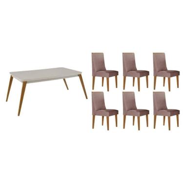 Imagem de Sala Jantar Mesa Havana Tampo c/ Vidro Curvo 180cm+6 Cadeiras Dakota Madeira Naturale/Off White - Capuccino/Linho Capuccino - Rufato