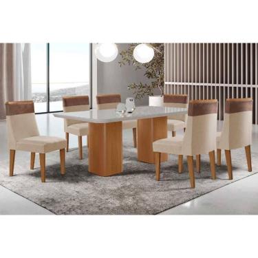 Imagem de Sala Jantar Mesa Maldivas Tampo c/ Vidro Curvo 180cm+6 Cadeiras Jaspe Madeira Naturale/Off White - Capuccino/Suede Creme - Rufato
