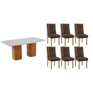 Imagem de Sala Jantar Mesa Maldivas Tampo c/ Vidro Curvo 180cm+6 Cadeiras Tilia Madeira Naturale/Off White - Capuccino/Suede Marrom - Rufato