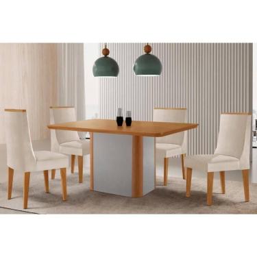 Imagem de Sala Jantar Mesa Pietá Tampo Curvo 120cm+4 Cadeiras Dakota Madeira Naturale/Off White - Capuccino/Suede Creme - Rufato