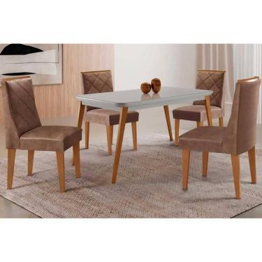 Imagem de Sala Jantar Mesa Havana Tampo c/ Vidro Curvo 120cm+4 Cadeiras Pietá Madeira Naturale/Off White - Capuccino/Corano Capuccino - Rufato