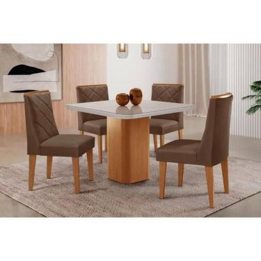 Imagem de Sala Jantar Mesa Maldivas Tampo c/ Vidro Curvo 90cm+4 Cadeiras Pietá Madeira Naturale/Off White - Capuccino/Suede Marrom - Rufato