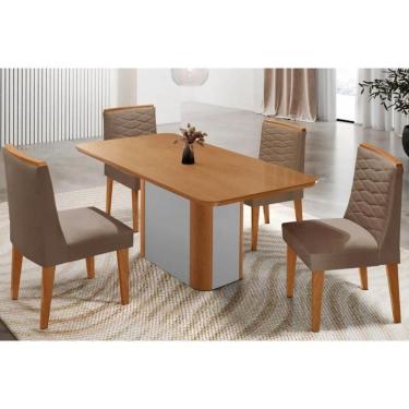 Imagem de Sala Jantar Mesa Pietá Tampo Curvo 120cm+4 Cadeiras Maldivas Madeira Naturale/Off White - Capuccino/Suede Capuccino - Rufato