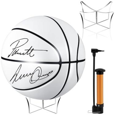 Imagem de Hiboom Basquete de autógrafo com suporte de bola de acrílico, operação de Natal, painel de bola de autógrafo, assinatura oficial para presente de treinador de faculdade de ensino médio (1 peça, branco