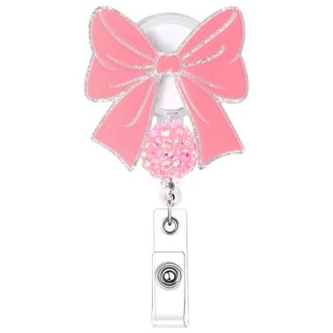 Imagem de Carretel de crachá de laço rosa retráteis com clipe jacaré, porta-crachá de identificação para enfermeiras, trabalhadores médicos, estudantes de enfermagem, professores, presentes