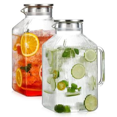 Imagem de Pacote com 2 jarras de vidro quadradas espessas de 1 galão com tampa, jarras clássicas de água para geladeira, jarra de vidro borossilicato para bebida quente/fria, jarro extragrande com alça para chá