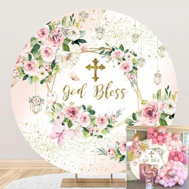 Imagem de TTQYFNM Capa de fundo redonda de 1,8 x 1,8 m God Bless, rosa, floral, borboleta, dourado, glitter, primeira comunhão, fotografia, fundo para meninas, bebês, batizado, festa de batismo, adereços de