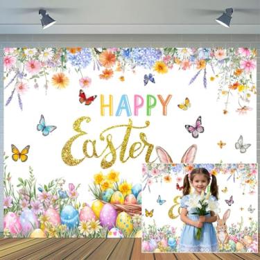 Imagem de Pano de fundo de Páscoa feliz de 3,5 x 2,5 m, coelhinho, ovos coloridos, fundo fotográfico, borboleta, floral, primavera, Páscoa, festa, decoração de parede, banner, adereços para cabine de fotos