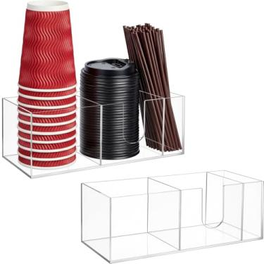 Imagem de Fiwochic 2 peças de suporte de copo de café acrílico com 3 compartimentos, dispensador de xícara de café transparente para bancada, suporte de tampa de plástico, organizador de estações, acessórios