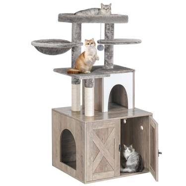 Imagem de Snughome Caixa de areia para gatos com torre de árvore e condomínio, móveis de banheiro ocultos para gatos com poste arranhador de sisal e poleiro de pelúcia macio, móveis de madeira para gatos com