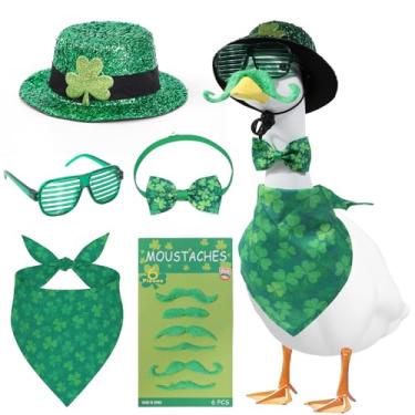 Imagem de Aposwow Roupas de ganso de varanda para o dia de São Patrício, roupas de ganso com chapéu, gravata borboleta, bigode e bandana, roupas de gansos de cimento verde, fantasia para decoração de estátua de