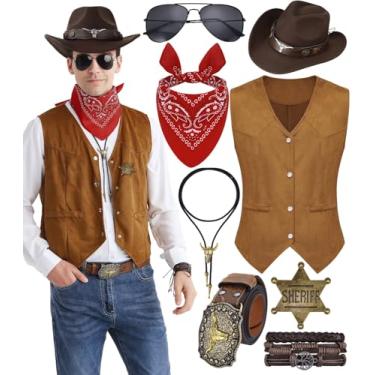 Imagem de Conjunto de 8 peças de fantasia masculina de cowboy ocidental com colete de vaca e chapéu, acessórios retrô, festa de Halloween, cosplay, marrom, G