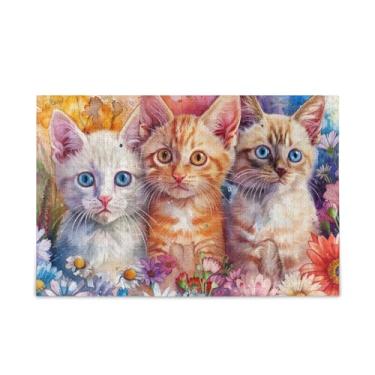 Imagem de Quebra-cabeça de gatos fofos com flores resistentes de 2 mm para atividades familiares divertidas, tamanho final 75 x 50 cm