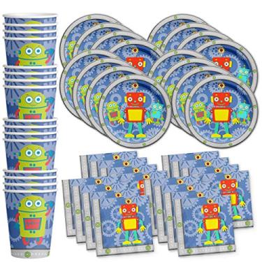 Imagem de Conjunto de suprimentos para festa de aniversário robô pratos guardanapos copos kit de talheres para 16 por Birthday Galore