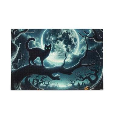 Imagem de Quebra-cabeça de 500 peças, quebra-cabeça de gato preto lua Halloween quebra-cabeça DIY presente com saco de armazenamento de malha desafio quebra-cabeça para adultos, 52 cm C x 37,8 cm L