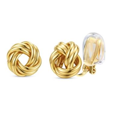 Imagem de ORAZIO Brincos femininos com clipe geométrico, exclusivos, não perfurados, banhado a ouro 14 quilates, nó grosso, brincos de argola com pingente de argola para mulheres, modernos, Cobre, Sem pedra