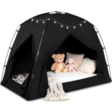 Imagem de Barraca de cama dobrável de privacidade para adultos e crianças, design de 3 portas, dossel de dormir 95% blackout, barraca portátil respirável para colchão queen duplo (preto, casal)