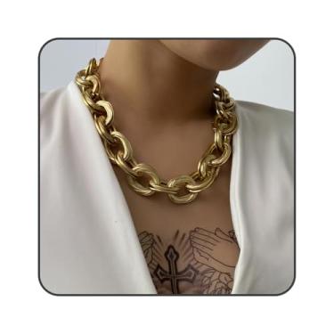 Imagem de XUENMB Colar de corrente cubana de elos grossos punk hip-hop grosso corrente de ouro colar gargantilha moda bijuteria para mulheres (ouro), one size, Metal, Sem Pedra Preciosa