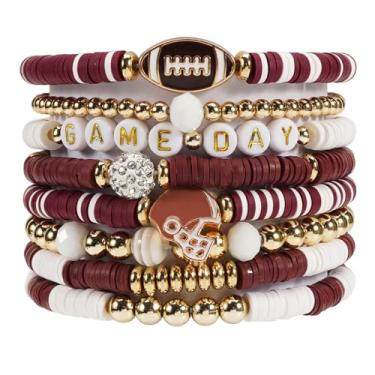 Imagem de Lonext Pulseira com pingente de futebol para dia de jogo, joias esportivas empilháveis para mães e pais, perfeita para fãs de futebol americano, One Size, Argila de polímero Strass, Sem Pedra Preciosa