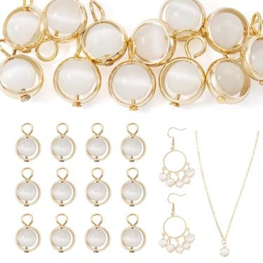 Imagem de FASHEWELRY 12 peças pingentes de vidro olho de gato 6 mm ouro latão redondo pingentes pendentes para joias, pulseira, colar, brinco, fabricação de suprimentos, artesanato, faça você mesmo, branco