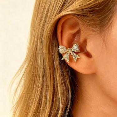 Imagem de Brincos de laço para mulheres, brincos de ouro, strass, sem piercing, joias modernas, acessórios de moda, presentes de amizade, dia dos namorados