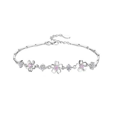 Imagem de Pulseira feminina de flor de zircônia cúbica rosa delicada imitação de pétala de cristal floral, berloques, aniversário, declaração de casamento, compromisso, ajustável, chique, joia fina para mãe dos
